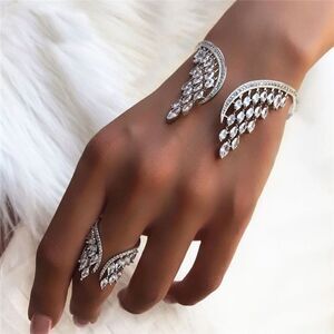 Mareasia Silver Tone Angel Wings Adjustable Bracelet and Ring Set